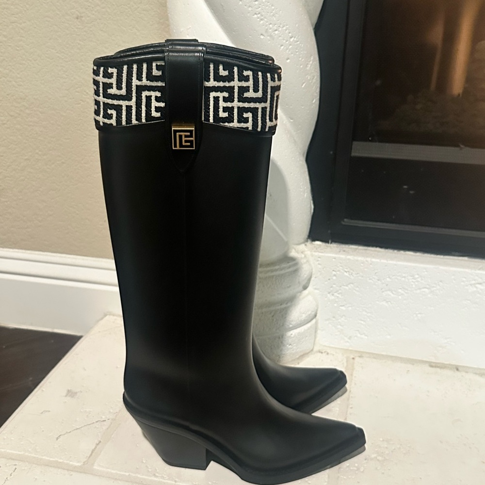 Balmain Black and White Heeled Boots with Monogram Detail